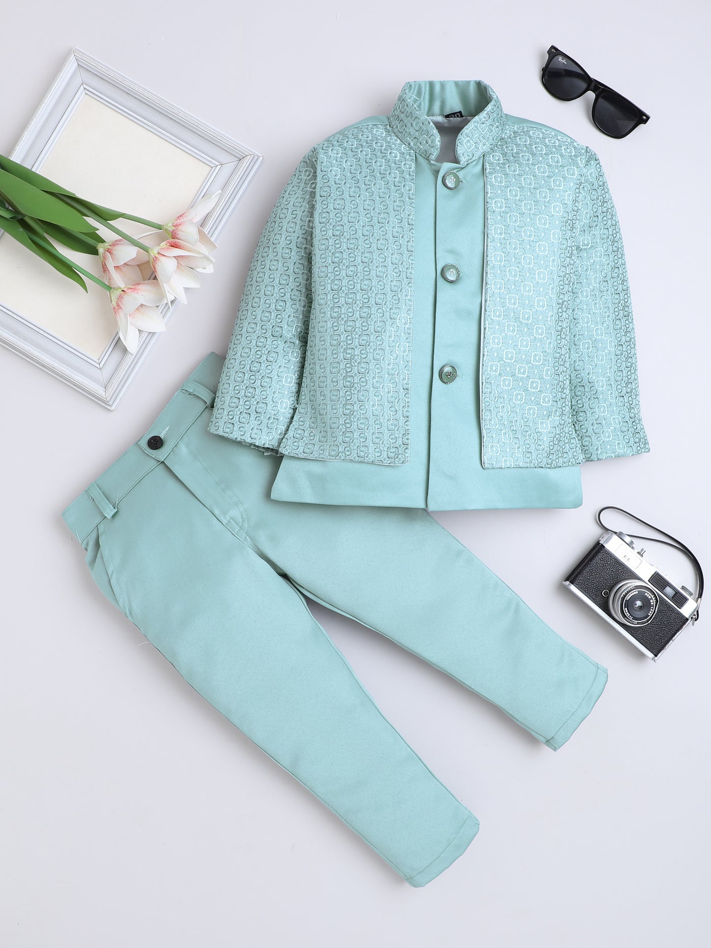 Boys Jacquard Geometric Loop Motifs Indo Western 2 Piece Suit Set