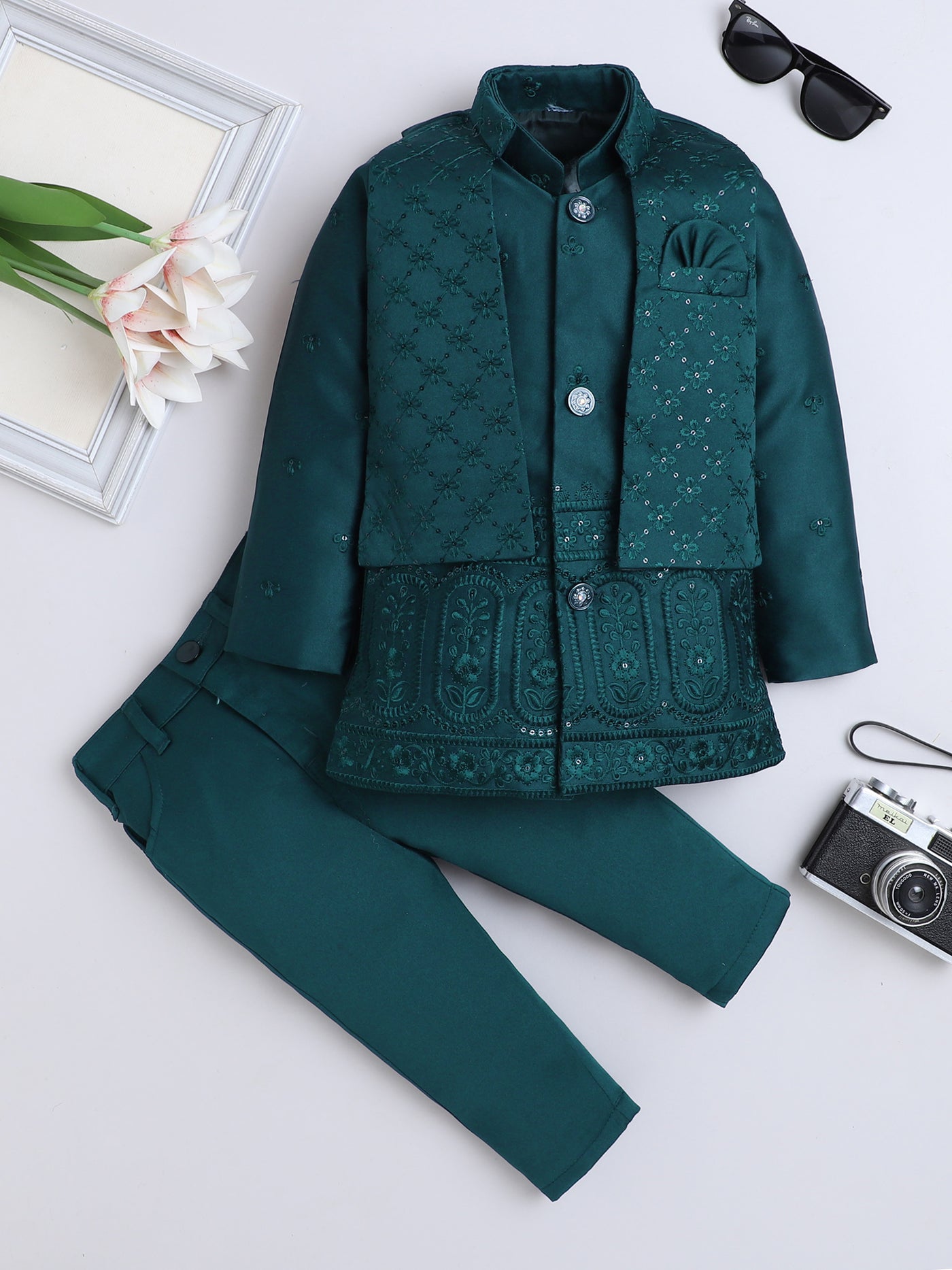 Boys Geometric Sequined Embroidered Indo Western Sherwani Set