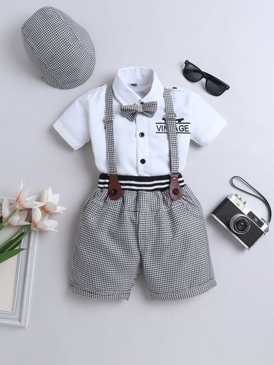 Boys Half Sleeves Printed Shirt & Shorts Set With Suspenders & Cap