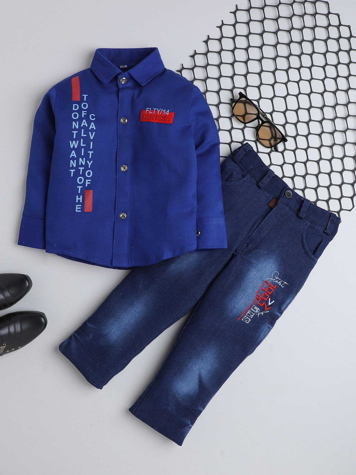 Boys Full Sleeves Printed Shirt & Jeans Set