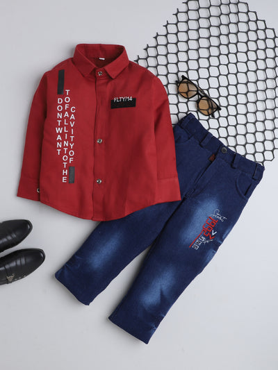 Boys Full Sleeves Printed Shirt & Jeans Set